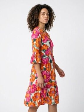 Zwillingsherz Floral Tie-Neck Midi Dress in Pink & Orange One Size